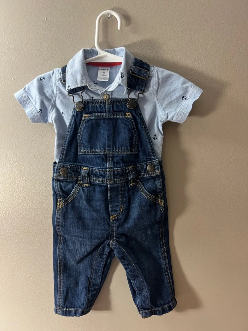 Carter's Light Blue Anchor Polo with Dark Blue Denim Overalls